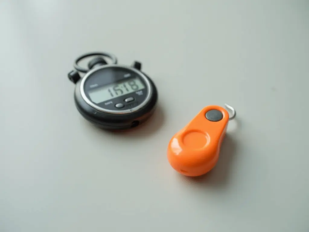 A training clicker next to a stopwatch, emphasizing precise timing.