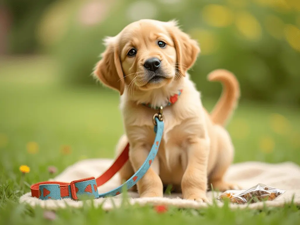 A playful puppy with a leash and treat bag nearby, symbolizing the start of training.