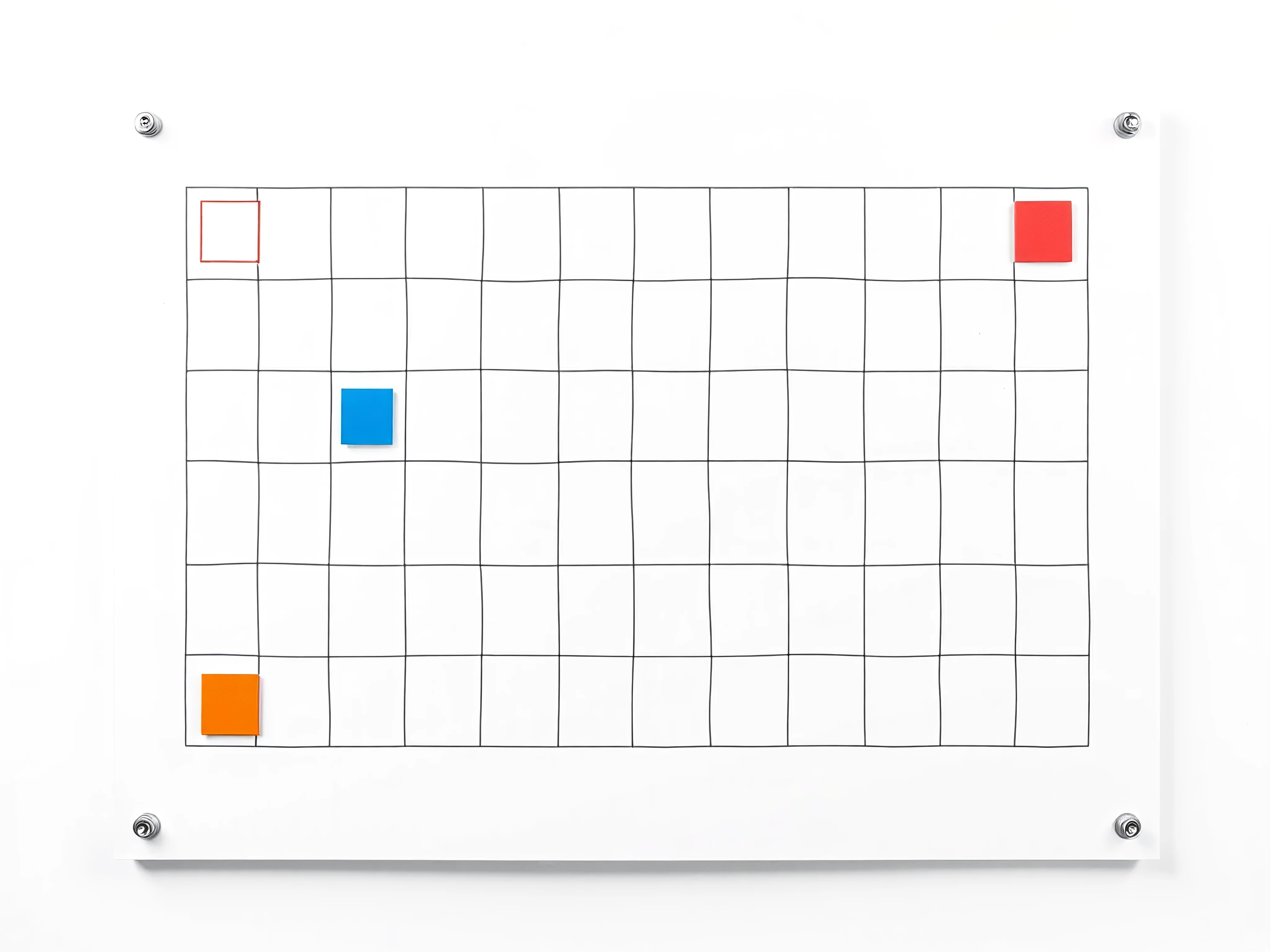 Minimalist white board with a grid of vibrant, abstract shapes and colored blocks.