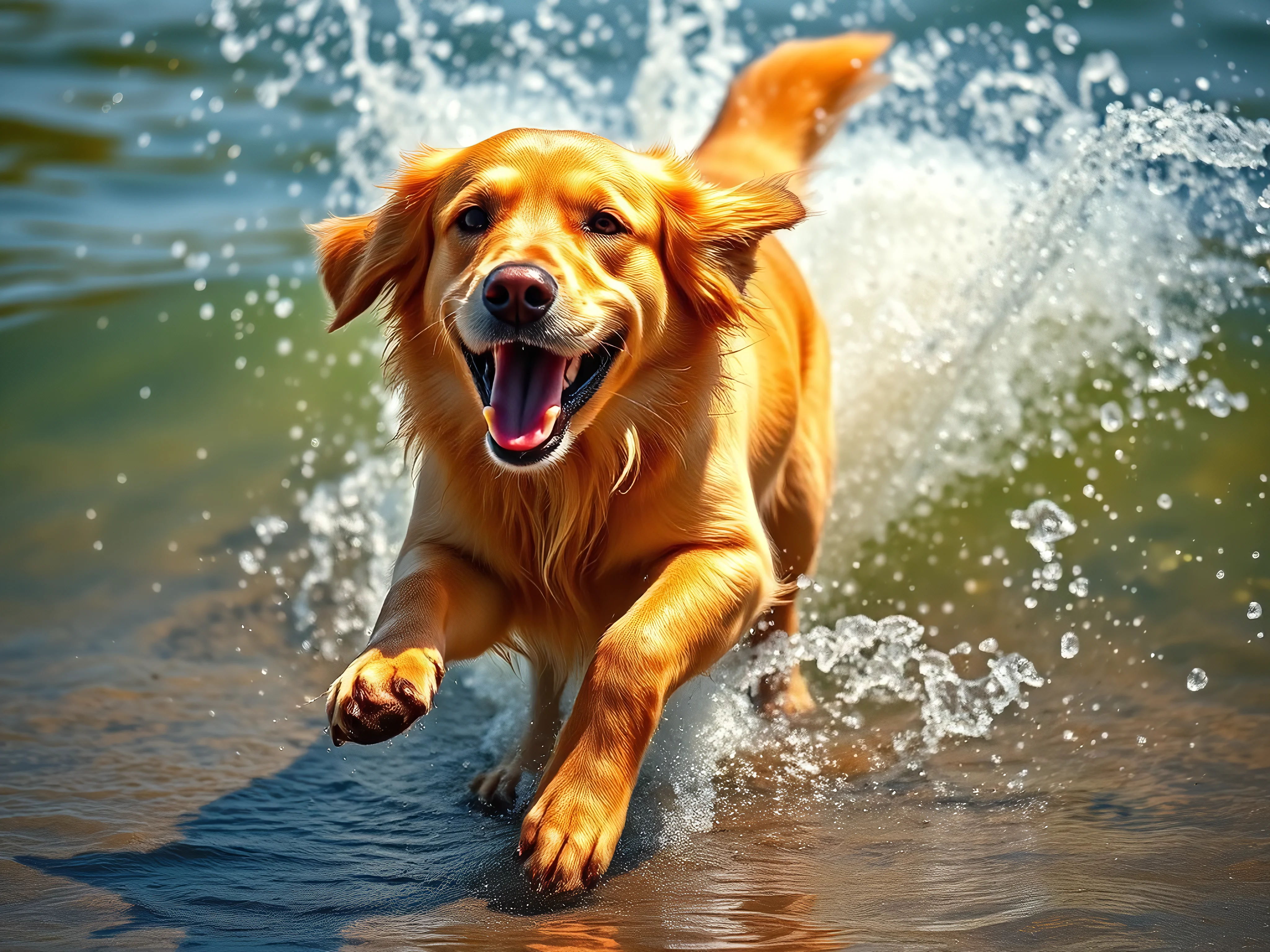 Happy Golden Retriever running, splashing water in bright sunshine. Low angle outdoor shot.