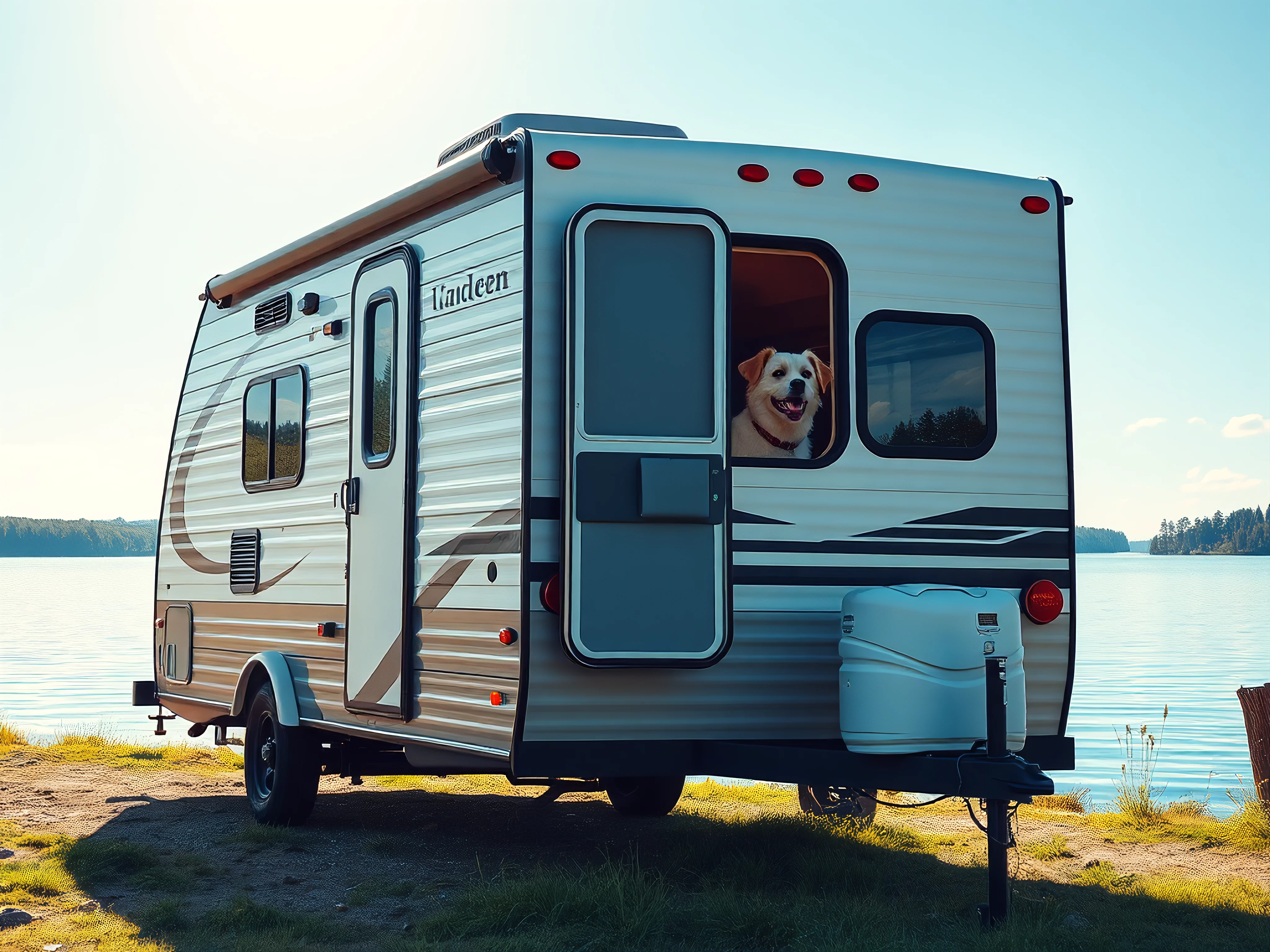 Pet-friendly travel trailer by lake with dog peeking from window.