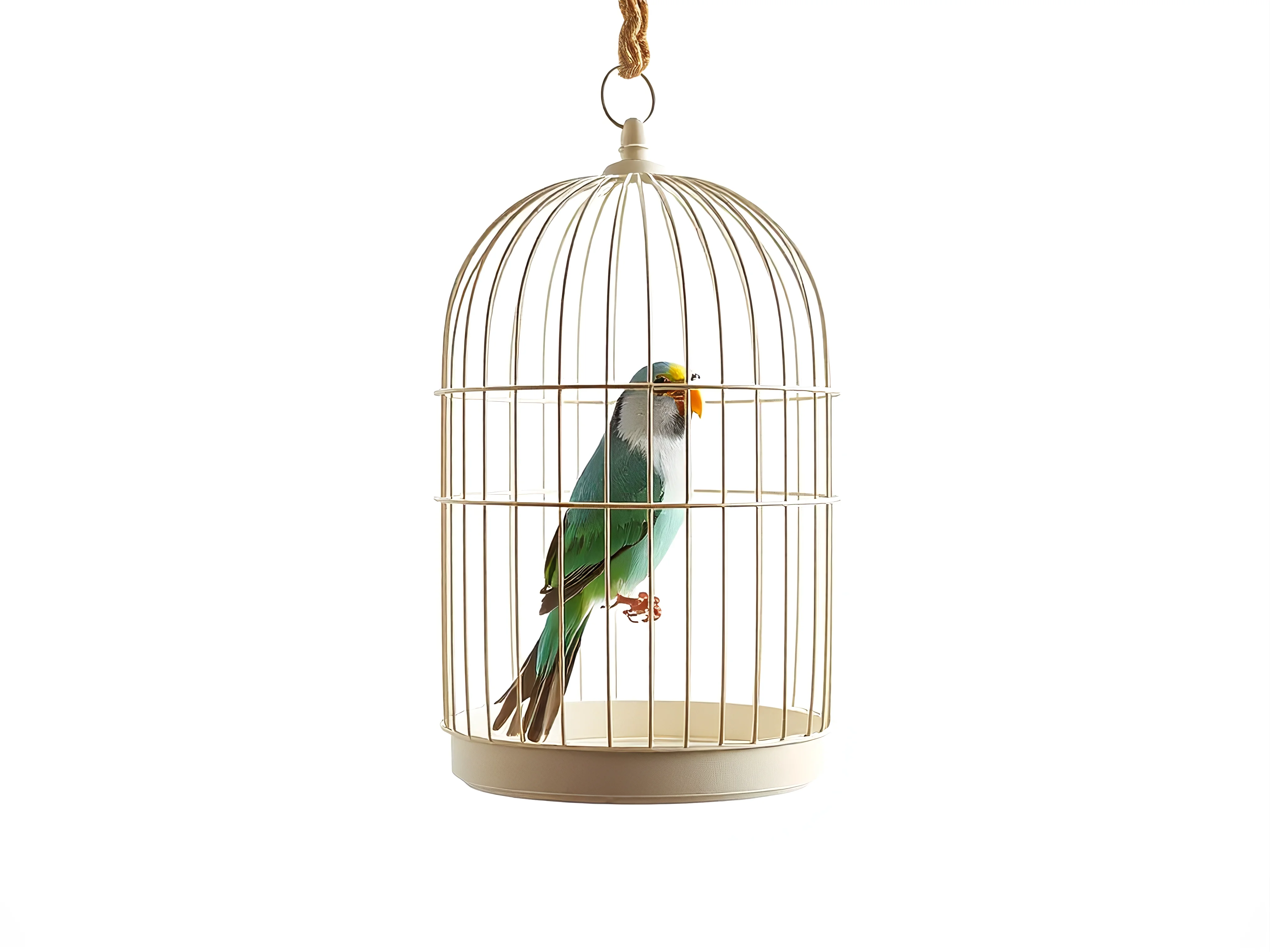 Modern minimalist illustration of a travel bird cage with pastel accents on a white background.
