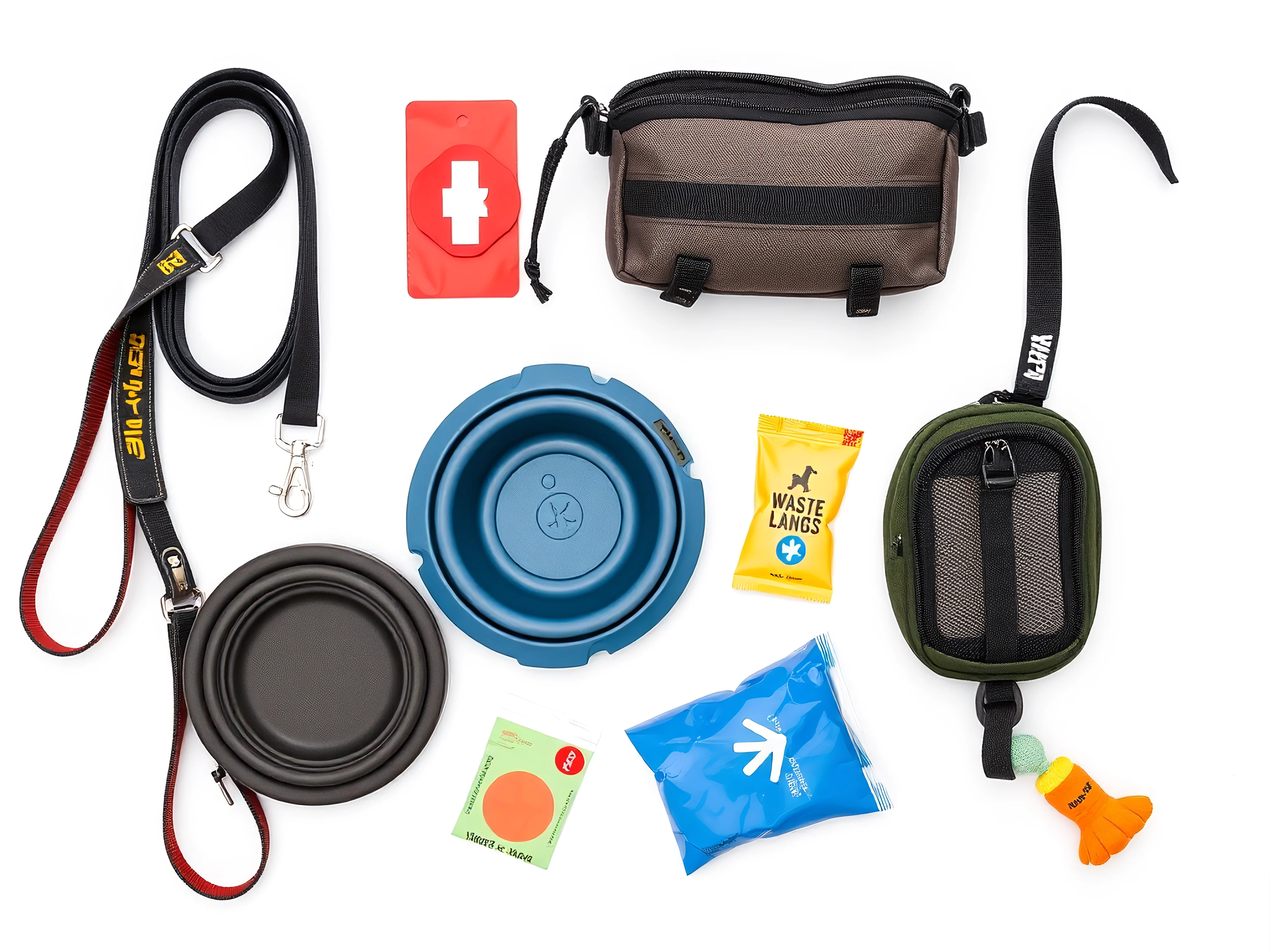 Pet travel essentials flat lay: leash, collapsible bowl, first-aid kit, treat bag, waste bags, dog toy on white.