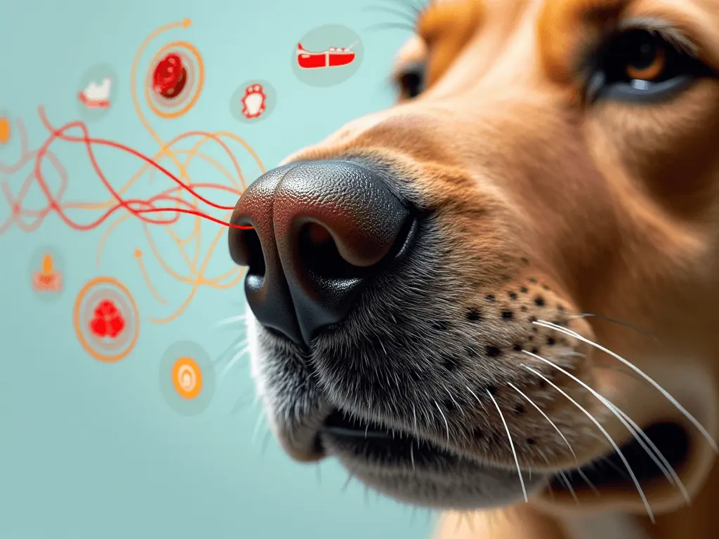 A detailed close-up of a dog's nose surrounded by floating scent trails and symbols representing various scents