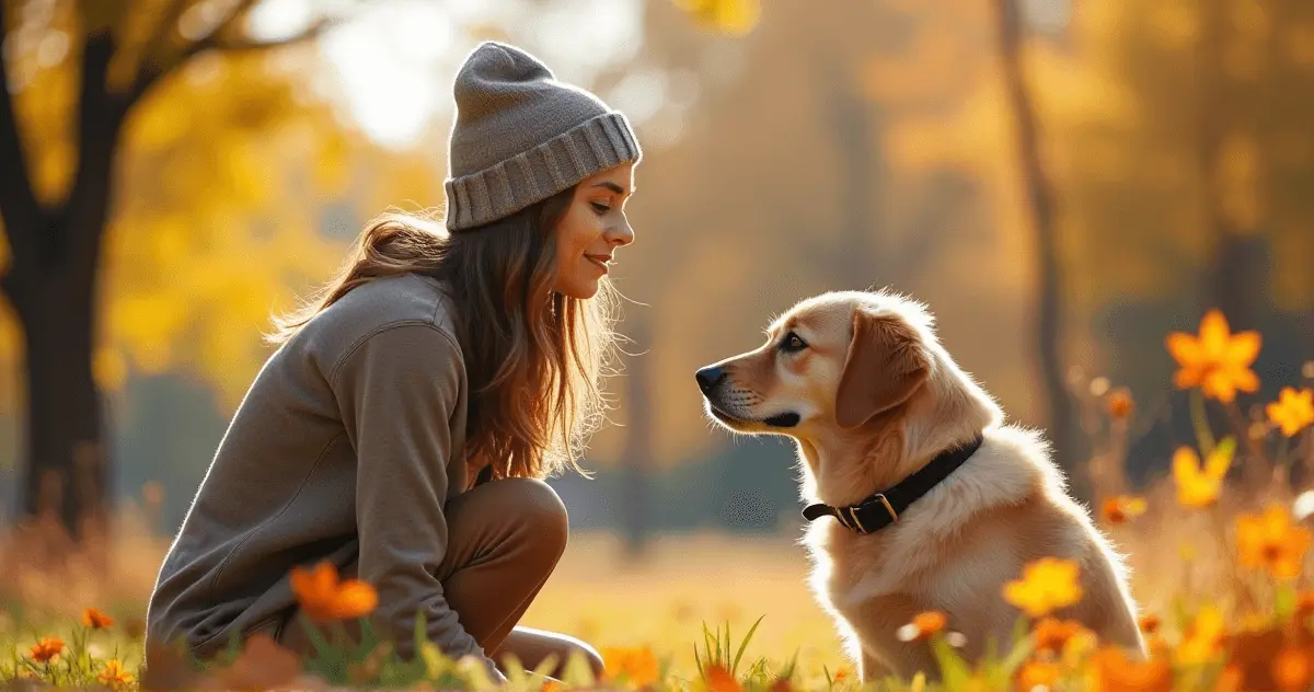 An individual warmly interacting with a dog in a scenic park, highlighting sensory experiences and connection