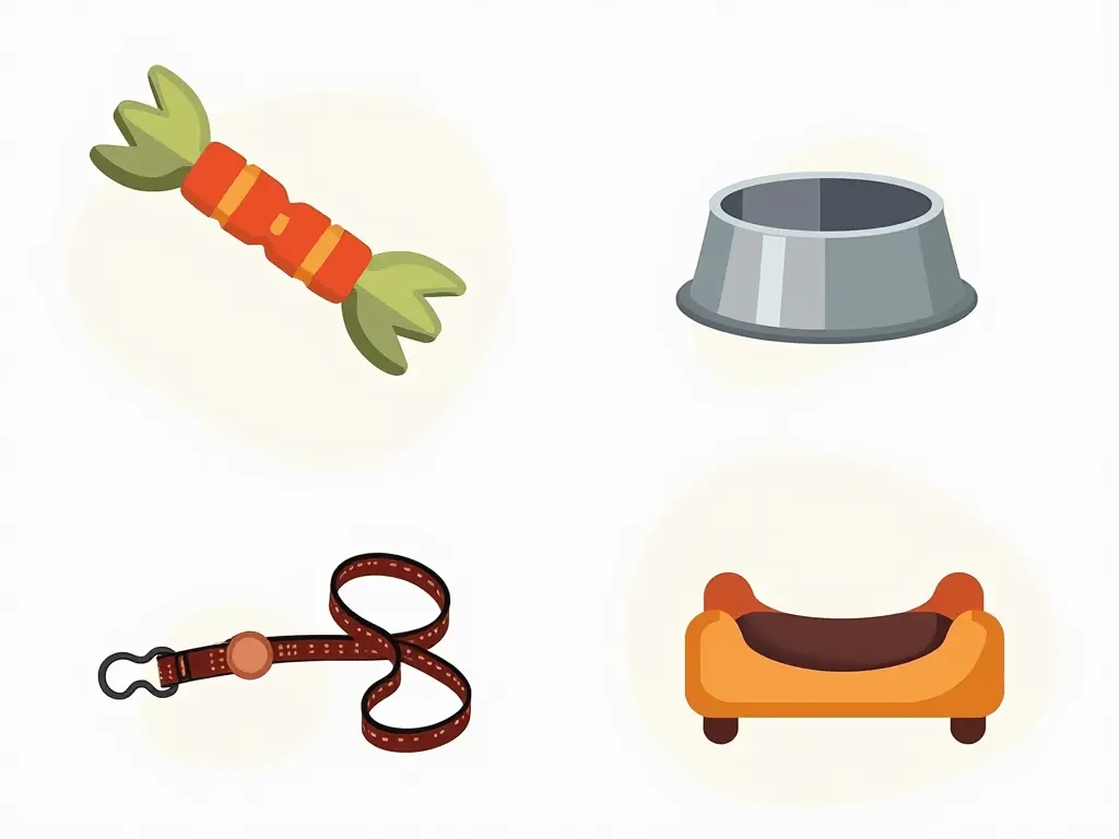 Colorful array of simple dog-related icons like a toy, a feeding bowl, and a leash, emphasizing the essentials of canine care and understanding.