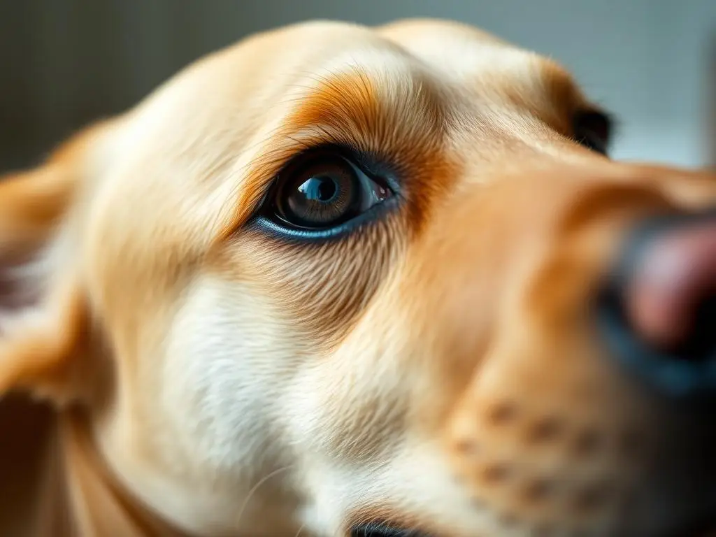 close-up of a dog's eye with a wagging tail in the background, symbolizing genetic and behavioral changes