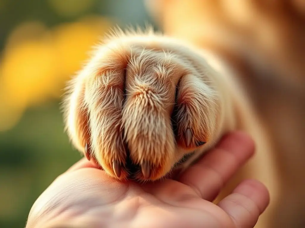 close-up of a dog's paw resting on a human hand, symbolizing the human-dog relationship