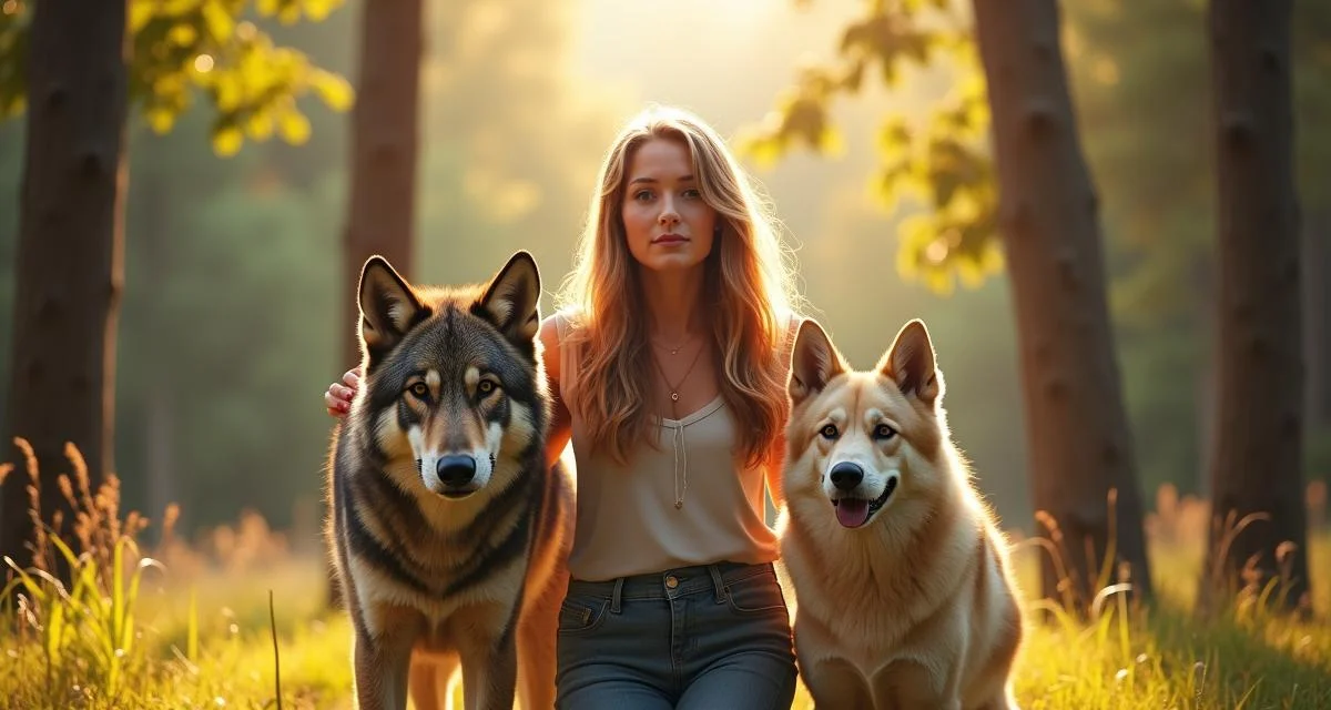 A curious woman interacting with a wolf and a dog in a natural setting, symbolizing the journey of canine domestication